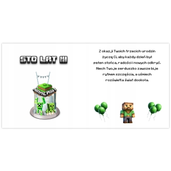 Kartka na 3 urodziny urodzinowa dla dzieci minecraft Creeper Z ŻYCZENIAMI