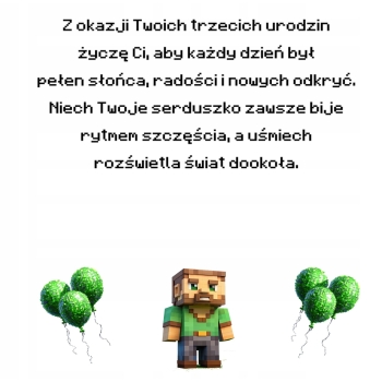 Kartka na 3 urodziny urodzinowa dla dzieci minecraft Creeper Z ŻYCZENIAMI