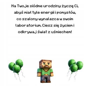 Kartka na 7 urodziny urodzinowa dla dzieci minecraft Creeper Z ŻYCZENIAMI