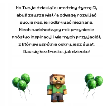 Kartka na 9 urodziny urodzinowa dla dzieci minecraft Creeper Z ŻYCZENIAMI