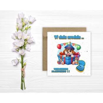 Kartka na 3 urodziny dla dzieci psi patrol paw balony Ryder Z ŻYCZENIAMI