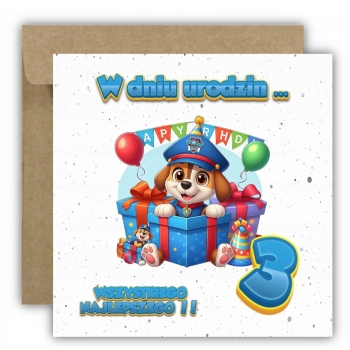 Kartka na 3 urodziny dla dzieci psi patrol paw balony Ryder Z ŻYCZENIAMI