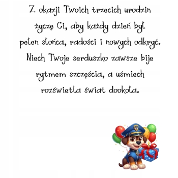 Kartka na 3 urodziny dla dzieci psi patrol paw balony Ryder Z ŻYCZENIAMI