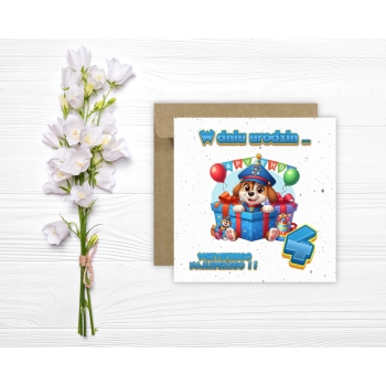 Kartka na 4 urodziny dla dzieci psi patrol paw balony Ryder Z ŻYCZENIAMI