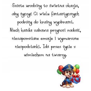 Kartka na 6 urodziny dla dzieci psi patrol paw balony Ryder Z ŻYCZENIAMI