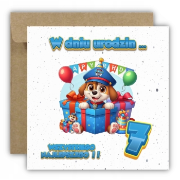 Kartka na 7 urodziny dla dzieci psi patrol paw balony Ryder Z ŻYCZENIAMI