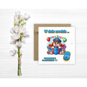 Kartka na 8 urodziny dla dzieci psi patrol paw balony Ryder Z ŻYCZENIAMI