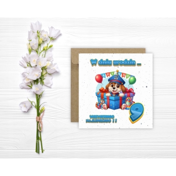 Kartka na 9 urodziny dla dzieci psi patrol paw balony Ryder Z ŻYCZENIAMI