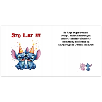 Kartka na 2 urodziny urodzinowa dla dzieci Lilo i Stich czapki Z ŻYCZENIAMI