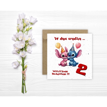 Kartka na 2 urodziny urodzinowa dla dzieci Lilo i Stich czapki Z ŻYCZENIAMI