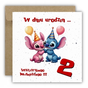 Kartka na 2 urodziny urodzinowa dla dzieci Lilo i Stich czapki Z ŻYCZENIAMI