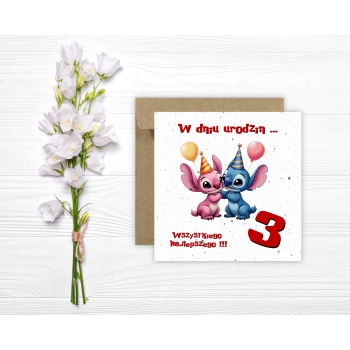 Kartka na 3 urodziny urodzinowa dla dzieci Lilo i Stich czapki Z ŻYCZENIAMI