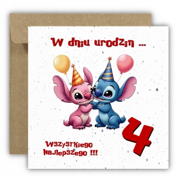 Kartka na 4 urodziny urodzinowa dla dzieci Lilo i Stich czapki Z ŻYCZENIAMI