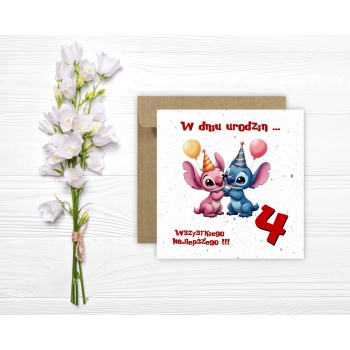 Kartka na 4 urodziny urodzinowa dla dzieci Lilo i Stich czapki Z ŻYCZENIAMI