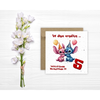 Kartka na 5 urodziny urodzinowa dla dzieci Lilo i Stich czapki Z ŻYCZENIAMI