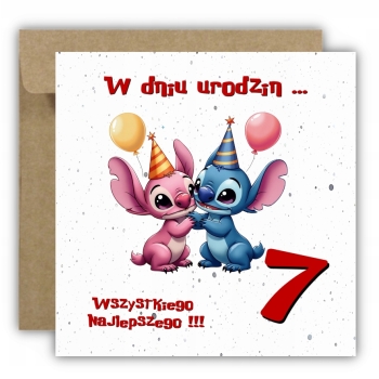 Kartka na 7 urodziny urodzinowa dla dzieci Lilo i Stich czapki Z ŻYCZENIAMI