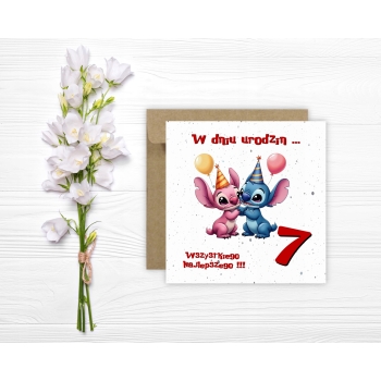 Kartka na 7 urodziny urodzinowa dla dzieci Lilo i Stich czapki Z ŻYCZENIAMI