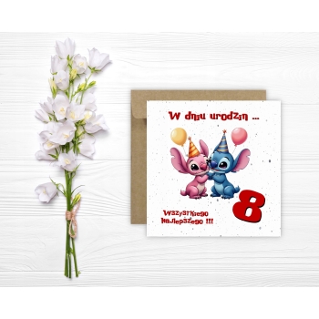 Kartka na 8 urodziny urodzinowa dla dzieci Lilo i Stich czapki Z ŻYCZENIAMI