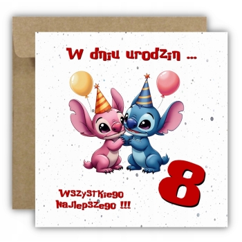 Kartka na 8 urodziny urodzinowa dla dzieci Lilo i Stich czapki Z ŻYCZENIAMI