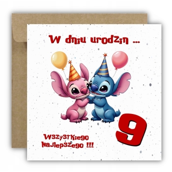Kartka na 9 urodziny urodzinowa dla dzieci Lilo i Stich czapki Z ŻYCZENIAMI