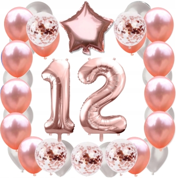 ZESTAW BALONY 12 URODZINY ROSE GOLD PERŁOWE 12 ROCZNICA ŚLUBU 100 CM