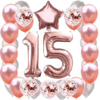 ZESTAW BALONY 15 URODZINY ROSE GOLD PERŁOWE 15 ROCZNICA ŚLUBU 100 CM