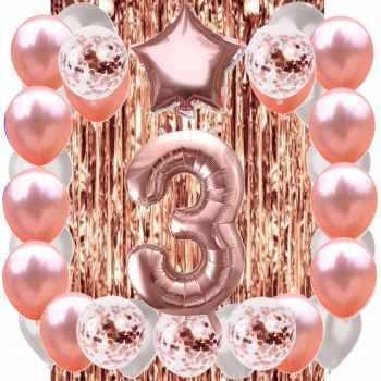 ZESTAW BALONY 3 URODZINY ROSE GOLD PERŁOWE 3 ROCZNICA ŚLUBU KURTYNA 100 CM