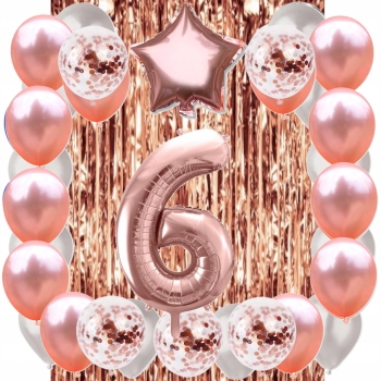 ZESTAW BALONY 6 URODZINY ROSE GOLD PERŁOWE 6 ROCZNICA ŚLUBU KURTYNA 100 CM