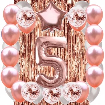 ZESTAW BALONY 5 URODZINY ROSE GOLD PERŁOWE 5 ROCZNICA ŚLUBU KURTYNA 100 CM
