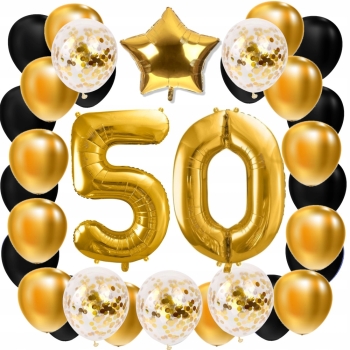 ZESTAW BALONY 50 URODZINY ZŁOTY 50 ROCZNICA ŚLUBU ZŁOTA CZARNY 100 CM