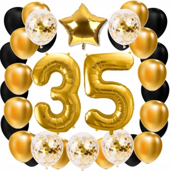 ZESTAW BALONY 35 URODZINY ZŁOTY 35 ROCZNICA ŚLUBU ZŁOTA CZARNY 100 CM
