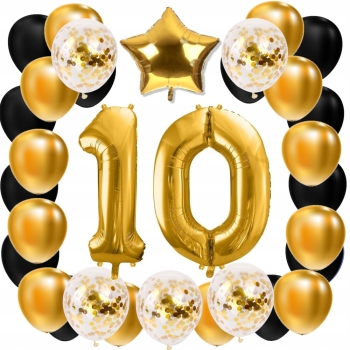 ZESTAW BALONY 10 URODZINY ZŁOTY 10 ROCZNICA ŚLUBU ZŁOTA CZARNY 100 CM