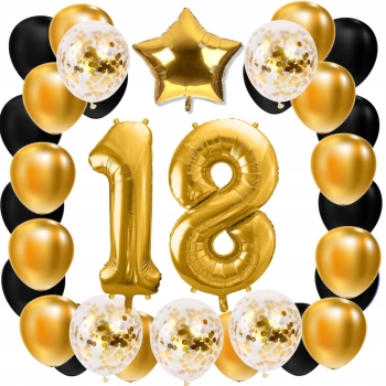 ZESTAW BALONY 18 URODZINY ZŁOTY 18 ROCZNICA ŚLUBU ZŁOTA CZARNY 100 CM