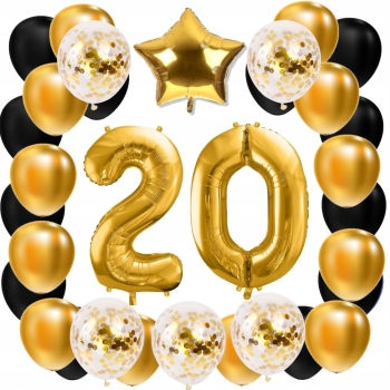ZESTAW BALONY 20 URODZINY ZŁOTY 20 ROCZNICA ŚLUBU ZŁOTA CZARNY 100 CM
