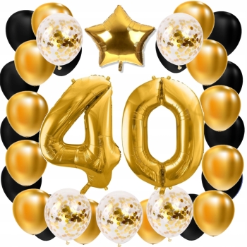 ZESTAW BALONY 40 URODZINY ZŁOTY 40 ROCZNICA ŚLUBU ZŁOTA CZARNY 100 CM