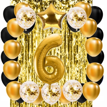 ZESTAW BALONY 6 URODZINY ZŁOTY CZARNY 6 ROCZNICA ŚLUBU KURTYNA 100 CM