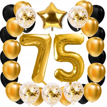 ZESTAW BALONY 75 URODZINY ZŁOTY 75 ROCZNICA ŚLUBU ZŁOTA CZARNY 100 CM