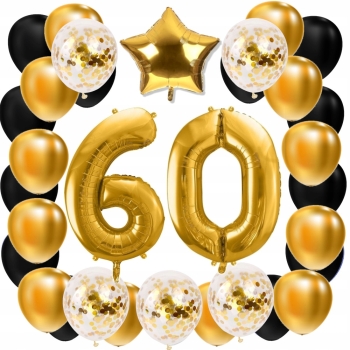 ZESTAW BALONY 60 URODZINY ZŁOTY 60 ROCZNICA ŚLUBU ZŁOTA CZARNY 100 CM