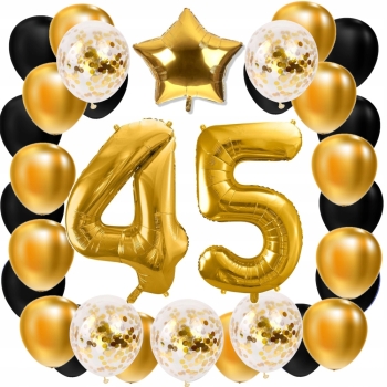 ZESTAW BALONY 45 URODZINY ZŁOTY 45 ROCZNICA ŚLUBU ZŁOTA CZARNY 100 CM