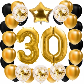 ZESTAW BALONY 30 URODZINY ZŁOTY 30 ROCZNICA ŚLUBU ZŁOTA CZARNY 100 CM