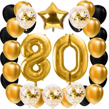 ZESTAW BALONY 80 URODZINY ZŁOTY 80 ROCZNICA ŚLUBU ZŁOTA CZARNY 100 CM