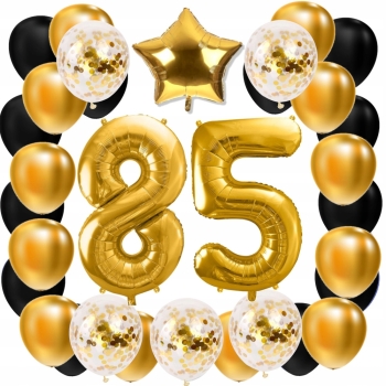 ZESTAW BALONY 85 URODZINY ZŁOTY 85 ROCZNICA ŚLUBU ZŁOTA CZARNY 100 CM