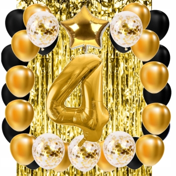 ZESTAW BALONY 4 URODZINY ZŁOTY CZARNY 4 ROCZNICA ŚLUBU KURTYNA 100 CM