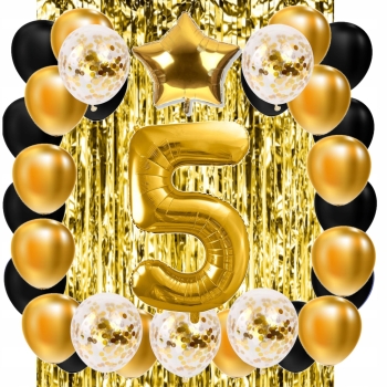 ZESTAW BALONY 5 URODZINY ZŁOTY CZARNY 5 ROCZNICA ŚLUBU KURTYNA 100 CM