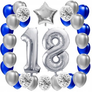 ZESTAW BALONY 18 URODZINY SREBRNY 18 ROCZNICA ŚLUBU NIEBIESKI 100 CM
