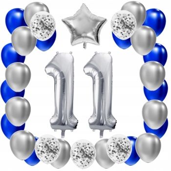 ZESTAW BALONY 11 URODZINY SREBRNY 11 ROCZNICA ŚLUBU NIEBIESKI 100 CM