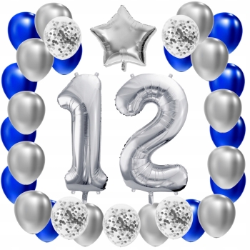 ZESTAW BALONY 12 URODZINY SREBRNY 12 ROCZNICA ŚLUBU NIEBIESKI 100 CM