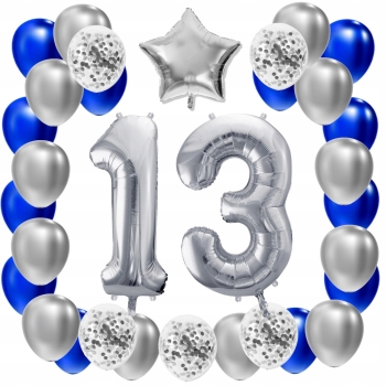 ZESTAW BALONY 13 URODZINY SREBRNY 13 ROCZNICA ŚLUBU NIEBIESKI 100 CM