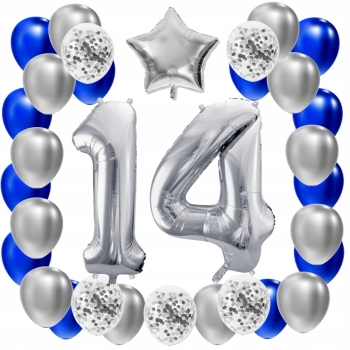 ZESTAW BALONY 14 URODZINY SREBRNY 14 ROCZNICA ŚLUBU NIEBIESKI 100 CM