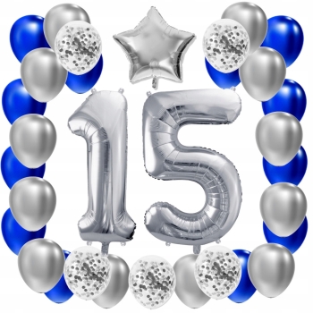 ZESTAW BALONY 15 URODZINY SREBRNY 15 ROCZNICA ŚLUBU NIEBIESKI 100 CM